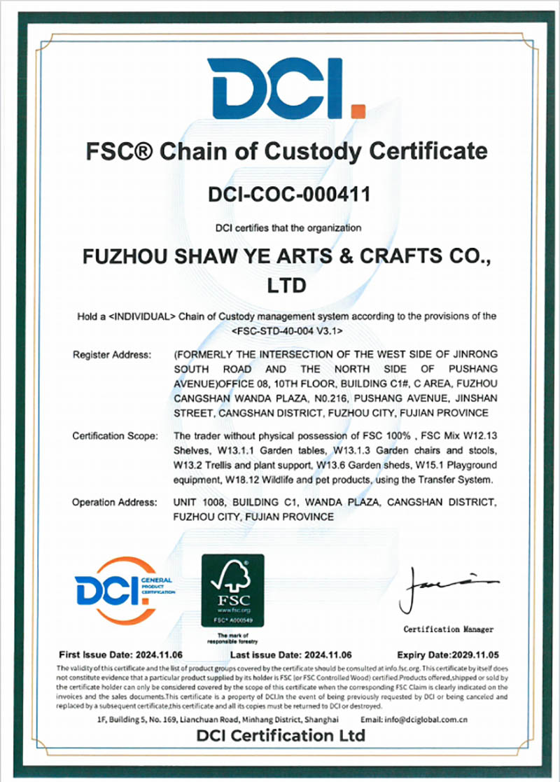 Fuzhou Shaw Ye FSC certification Fuzhou Shaw Ye FSC certification