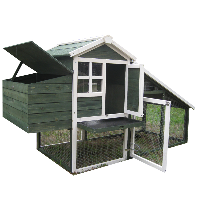 Outdoor wooden chicken coop with nesting box