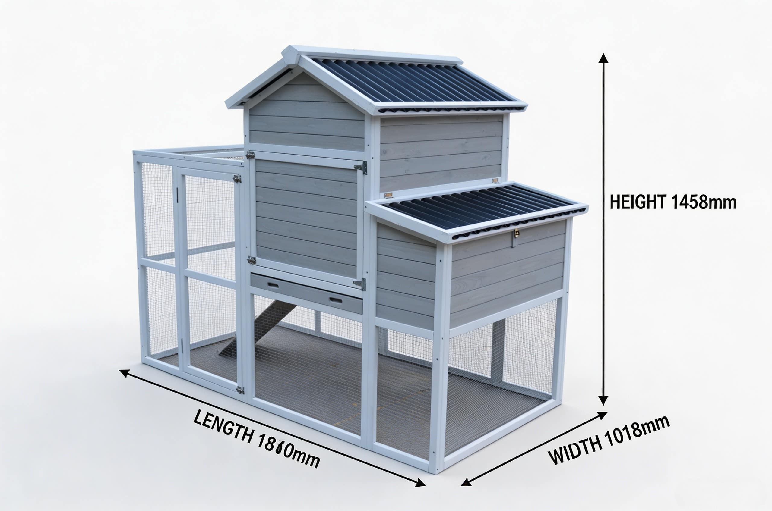 Large white and grey wooden chicken coop with black roof, extended run and nesting box for backyard poultry, L1840 x W1018 x H1458 mm.