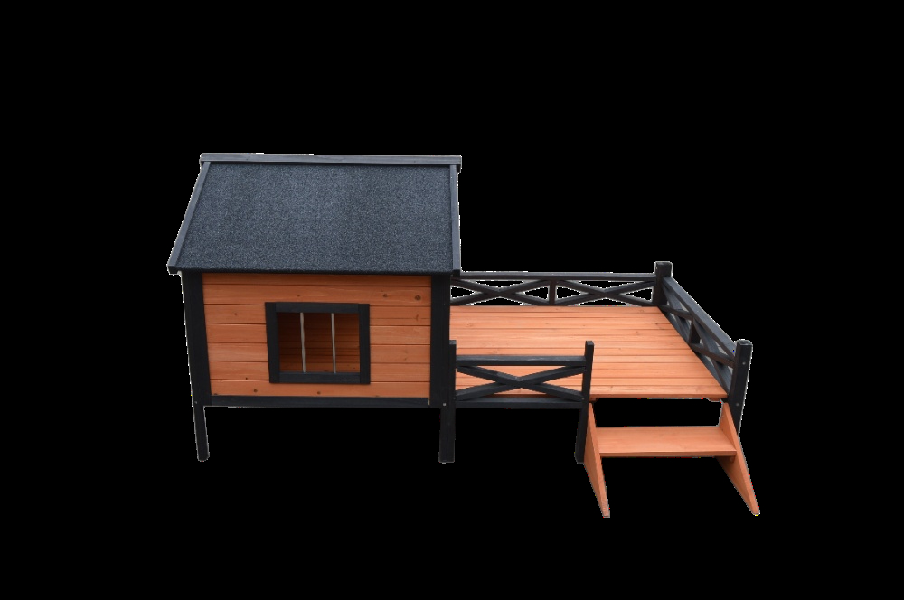 Side view of the elevated wooden dog house showing the black roof and fenced run structure.