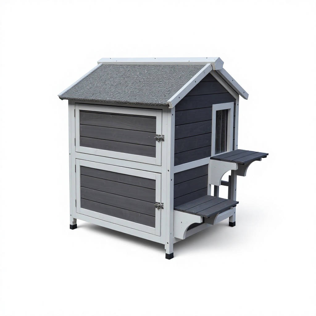 Detailed view of the hinged openable roof design of a wooden cat shelter, showing the inner sleeping space with support rods, easy for cleaning.