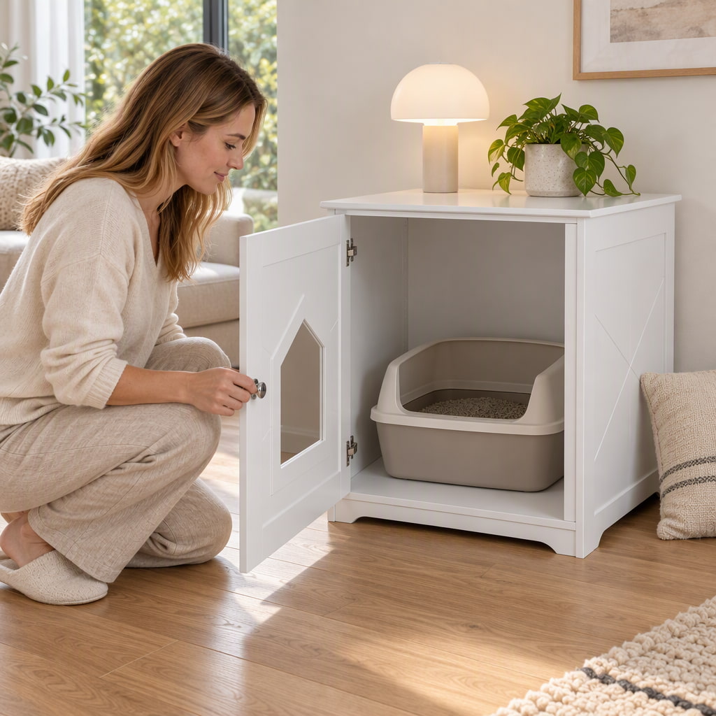 Woman opening the front door of a white cat litter box enclosure cabinet, revealing a grey litter box inside. The 2-in-1 furniture has a lamp and plant on top, functioning as an end table.