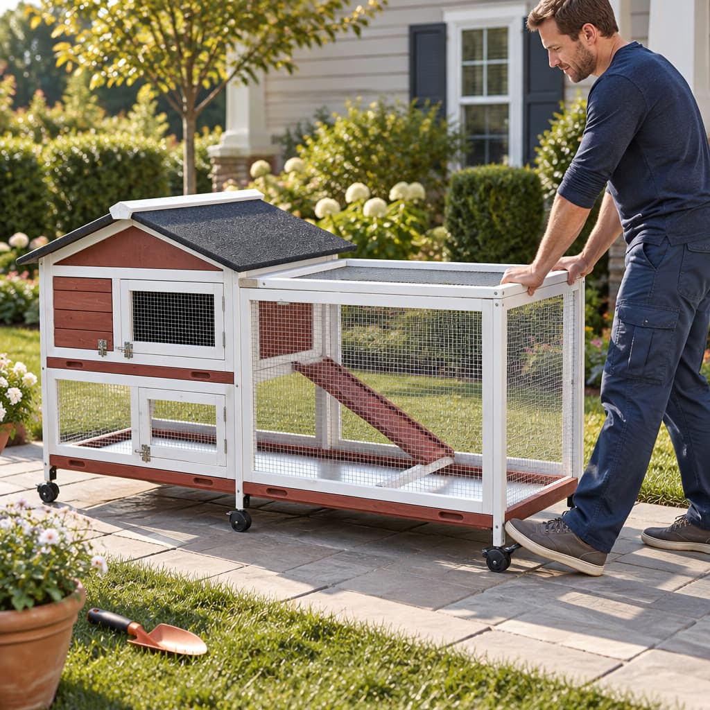 A man easily pushing a mobile rabbit hutch with 360-degree brake wheels in a backyard, demonstrating its portability.